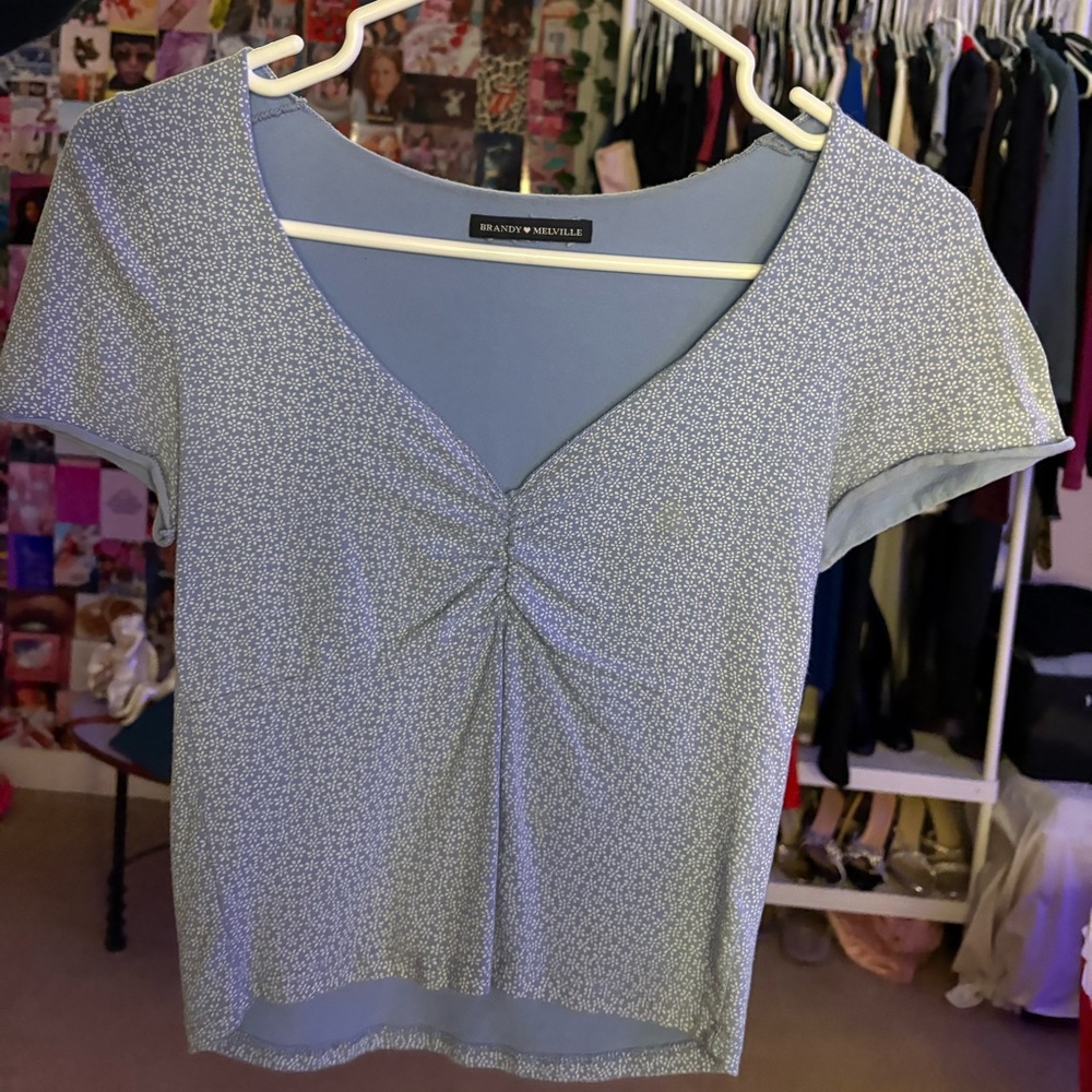 Brandy Melville Light Blue Flower Short Sleeve Top